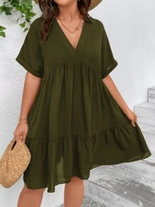 SHEIN VCAY Plus Batwing Sleeve Ruffle Hem Smock Dress - Army Green - View 5