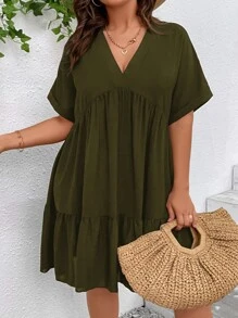 SHEIN VCAY Plus Batwing Sleeve Ruffle Hem Smock Dress - Army Green - View 6