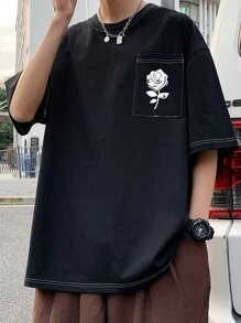 Hombres Camiseta de hombros caídos con estampado floral - Negro - Ver 1