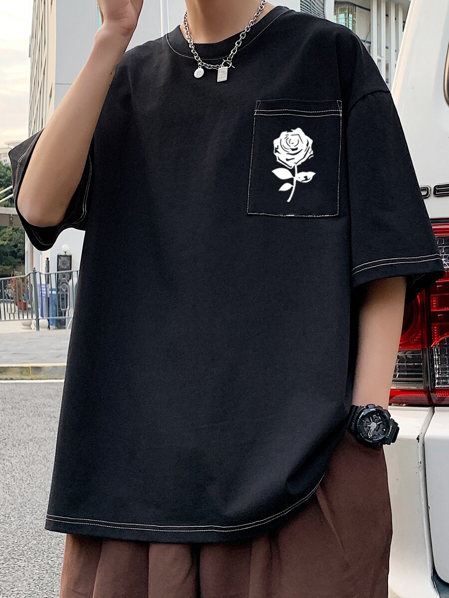 Hombres Camiseta de hombros caídos con estampado floral - Negro - Ver 1