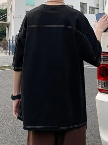 Hombres Camiseta de hombros caídos con estampado floral - Negro - Ver 2