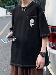 Hombres Camiseta de hombros caídos con estampado floral - Negro - Ver 6