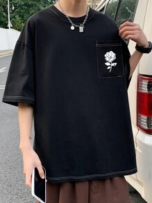 Hombres Camiseta de hombros caídos con estampado floral - Negro - Ver 10