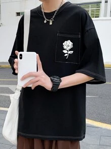 Hombres Camiseta de hombros caídos con estampado floral - Negro - Ver 11