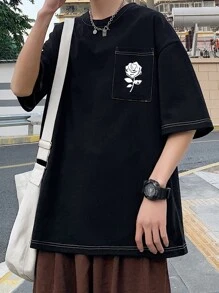 Hombres Camiseta de hombros caídos con estampado floral - Negro - Ver 12