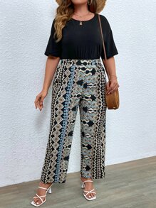 SHEIN LUNE Plus Tee & Geo Print Wide Leg Trousers - Multicolor - View 3