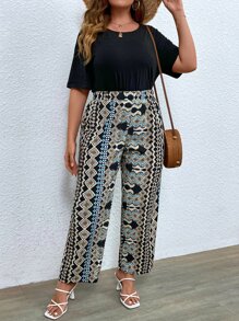 SHEIN LUNE Plus Tee & Geo Print Wide Leg Trousers - Multicolor - View 4
