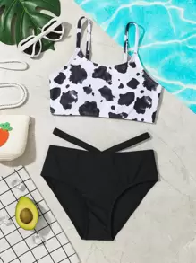Tween Girl Cow Print Cut Out Bikini Set Summer Beach - Black and White - View 1