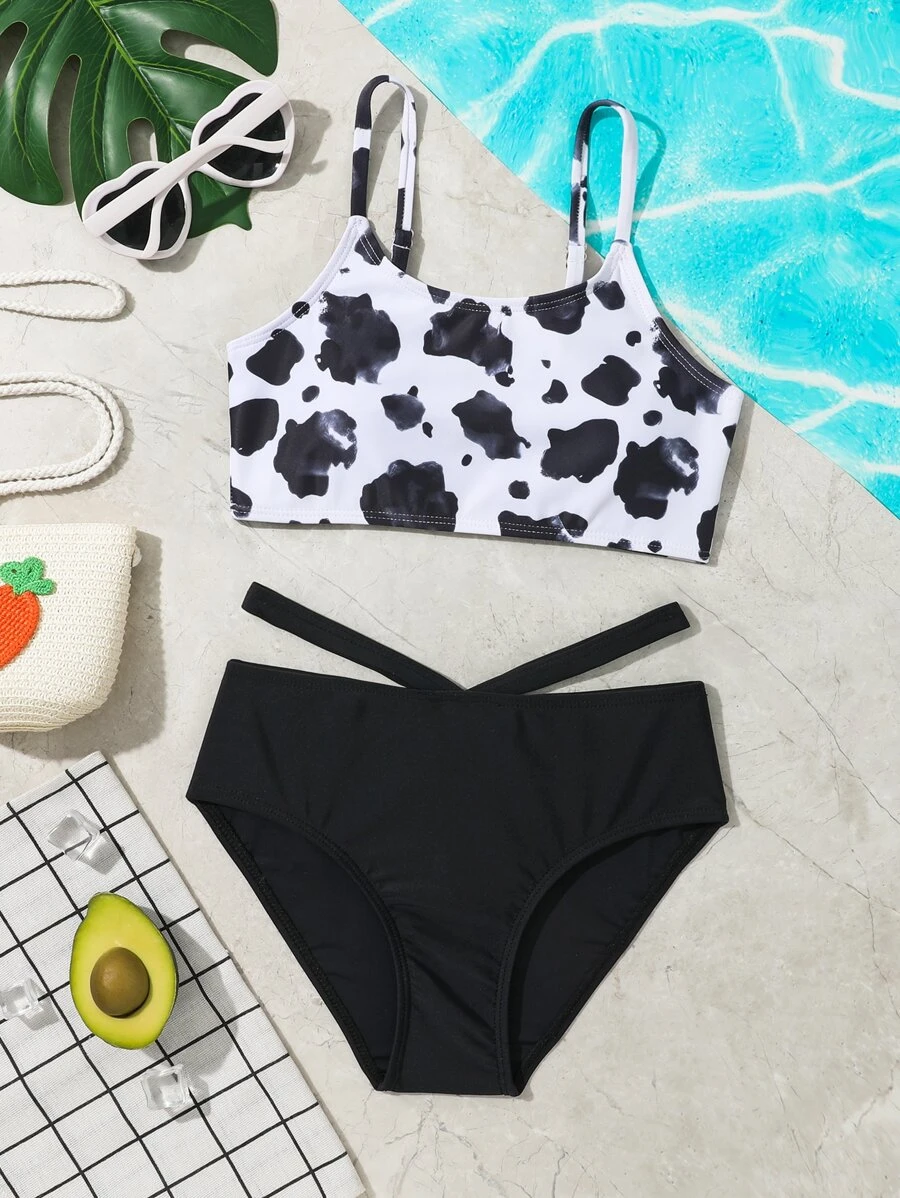 Tween Girl Cow Print Cut Out Bikini Set Summer Beach - Black and White - View 1
