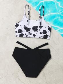Tween Girl Cow Print Cut Out Bikini Set Summer Beach - Black and White - View 2