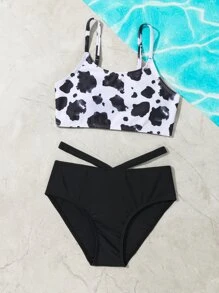 Tween Girl Cow Print Cut Out Bikini Set Summer Beach - Black and White - View 3
