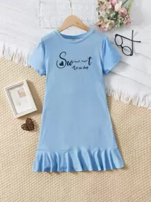 SHEIN 女孩標語圖案荷葉邊睡裙