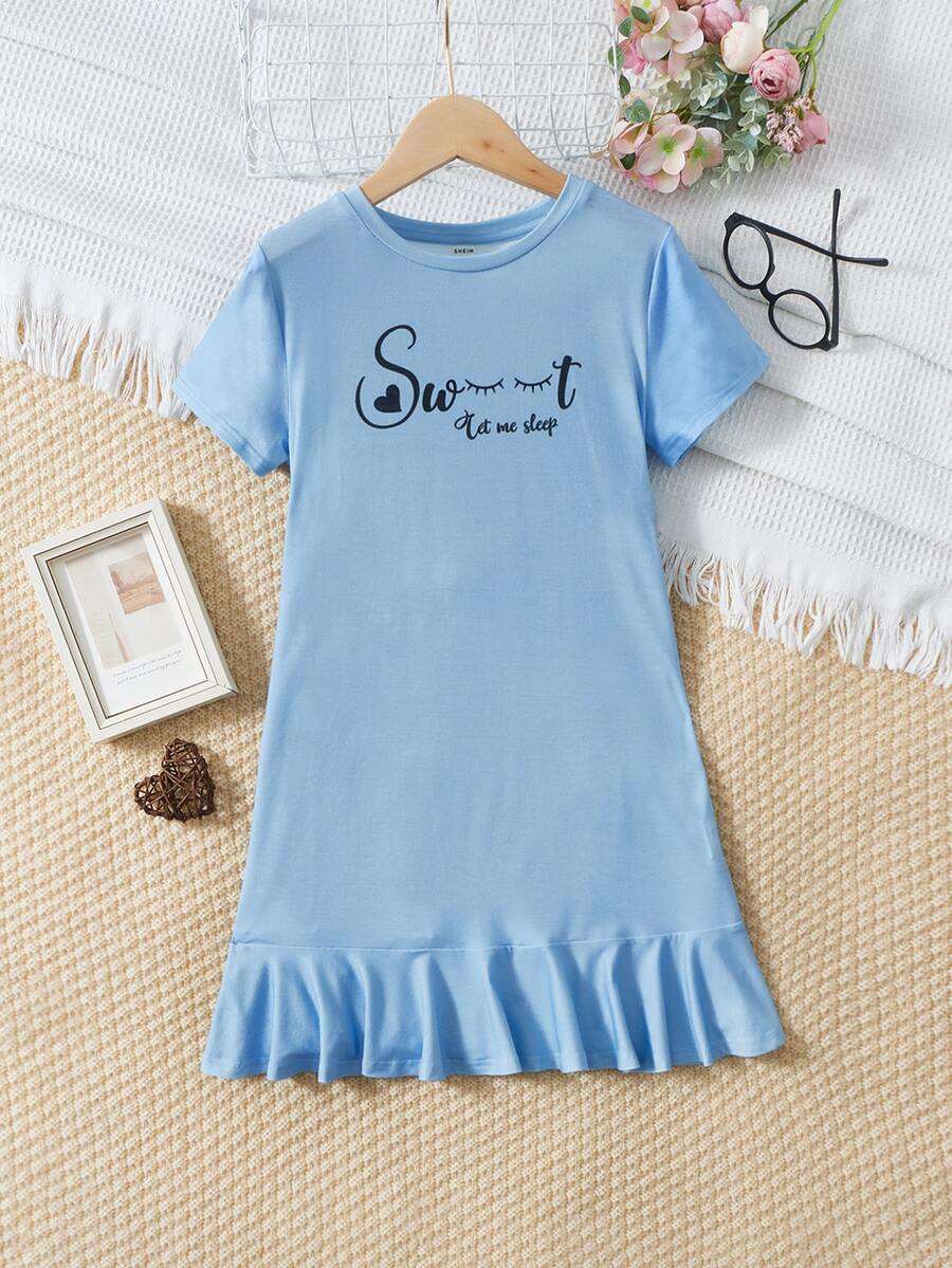 SHEIN 女孩標語圖案荷葉邊睡裙