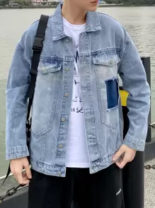 男士翻蓋口袋牛仔夾克 - 淺色水洗藍 - 查看 1