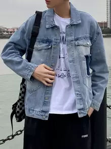 男士翻蓋口袋牛仔夾克 - 淺色水洗藍 - 查看 3