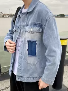 男士翻蓋口袋牛仔夾克 - 淺色水洗藍 - 查看 4