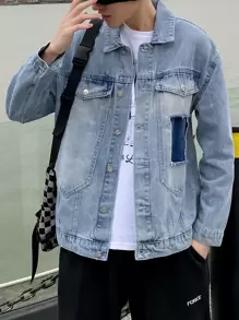 男士翻蓋口袋牛仔夾克 - 淺色水洗藍 - 查看 6