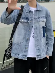 男士翻蓋口袋牛仔夾克 - 淺色水洗藍 - 查看 7