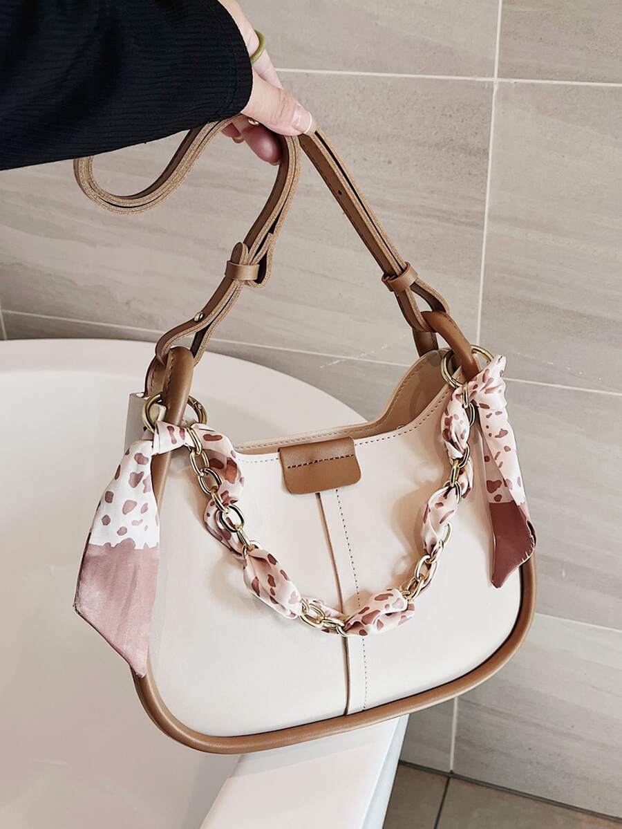 Skinny Scarf Decor Shoulder Bag - Beige - View 1