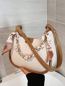 Skinny Scarf Decor Shoulder Bag - Beige - View 5