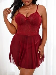 Plus Contrast Lace Mesh Slips With Thong - Burgundy - View 1