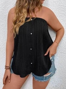 SHEIN LUNE Plus Button Front Plisse Tube Top - Black - View 1