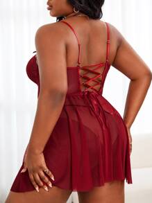 Plus Contrast Lace Mesh Slips With Thong - Burgundy - View 2