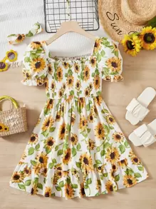 SHEIN 青少年女孩印花泡泡袖荷葉邊連衣裙帶 - 彩色 - 查看 1