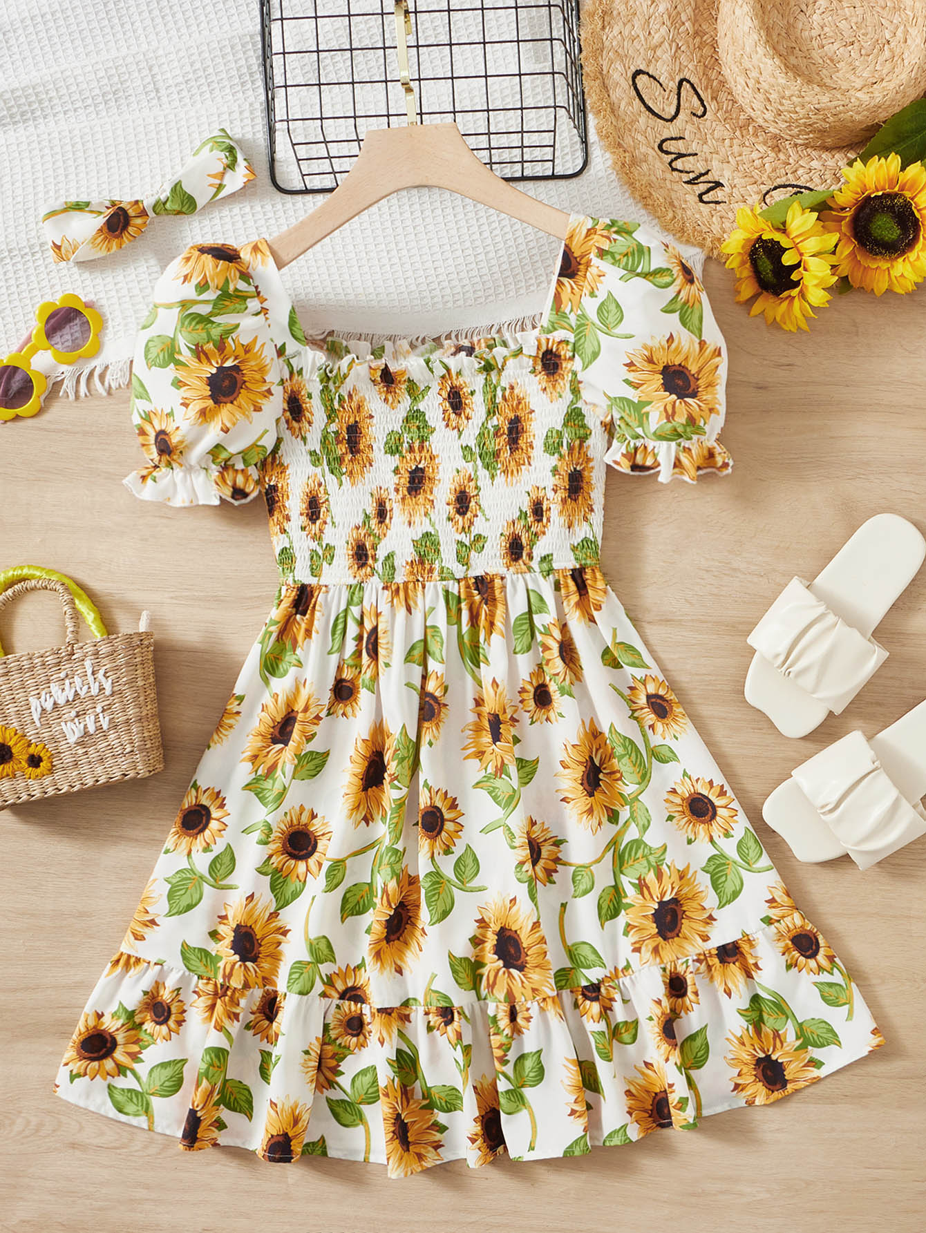 SHEIN 青少年女孩印花泡泡袖荷葉邊連衣裙帶 - 彩色 - 查看 1