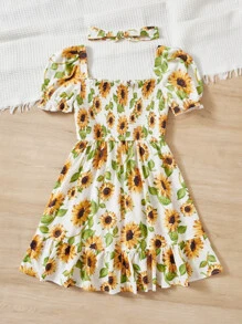 SHEIN 青少年女孩印花泡泡袖荷葉邊連衣裙帶 - 彩色 - 查看 2