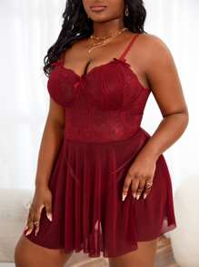 Plus Contrast Lace Mesh Slips With Thong - Burgundy - View 4