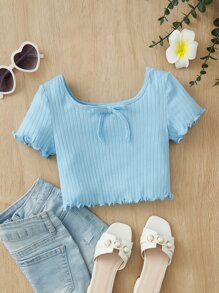 SHEIN Young Girl Lettuce Trim Knot Front Tee