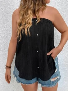 SHEIN LUNE Plus Button Front Plisse Tube Top - Black - View 3