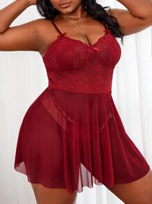 Plus Contrast Lace Mesh Slips With Thong - Burgundy - View 5