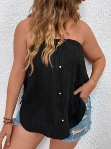 SHEIN LUNE Plus Button Front Plisse Tube Top - Black - View 5