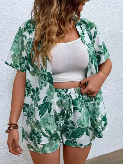 SHEIN Clasi Plus Tropical Print Kimono & Tie Front Shorts