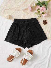 SHEIN Girls Solid Lettuce Trim Shorts - Black - View 1