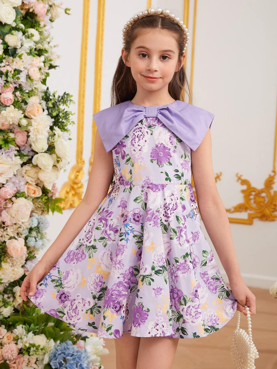SHEIN Girls Floral Print Big Bow Front Dress - Multicolor - View 1