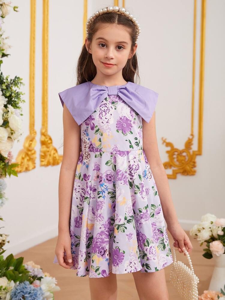 SHEIN Girls Floral Print Big Bow Front Dress - Multicolor - View 3