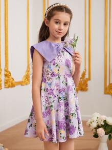SHEIN Girls Floral Print Big Bow Front Dress - Multicolor - View 4