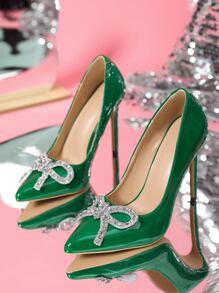 女士水鑽和蝴蝶結裝飾尖頭細跟魅力四射淺口高跟鞋適用於派對 - 綠色 - 查看 2