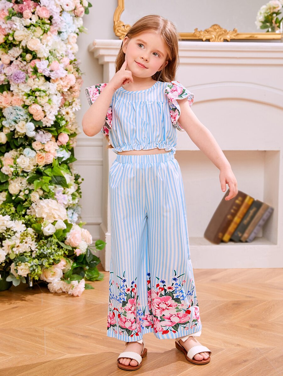 Toddler Girls Striped & Floral Print Flutter Sleeve Top & Wide Leg Trousers - Blue and White - View 1