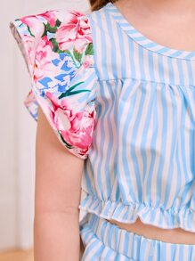 Toddler Girls Striped & Floral Print Flutter Sleeve Top & Wide Leg Trousers - Blue and White - View 3