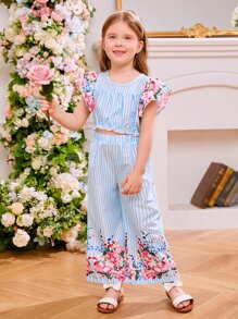Toddler Girls Striped & Floral Print Flutter Sleeve Top & Wide Leg Trousers - Blue and White - View 4