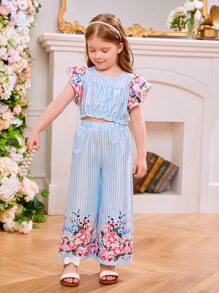 Toddler Girls Striped & Floral Print Flutter Sleeve Top & Wide Leg Trousers - Blue and White - View 5