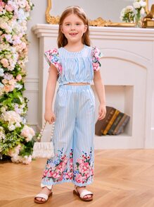 Toddler Girls Striped & Floral Print Flutter Sleeve Top & Wide Leg Trousers - Blue and White - View 6