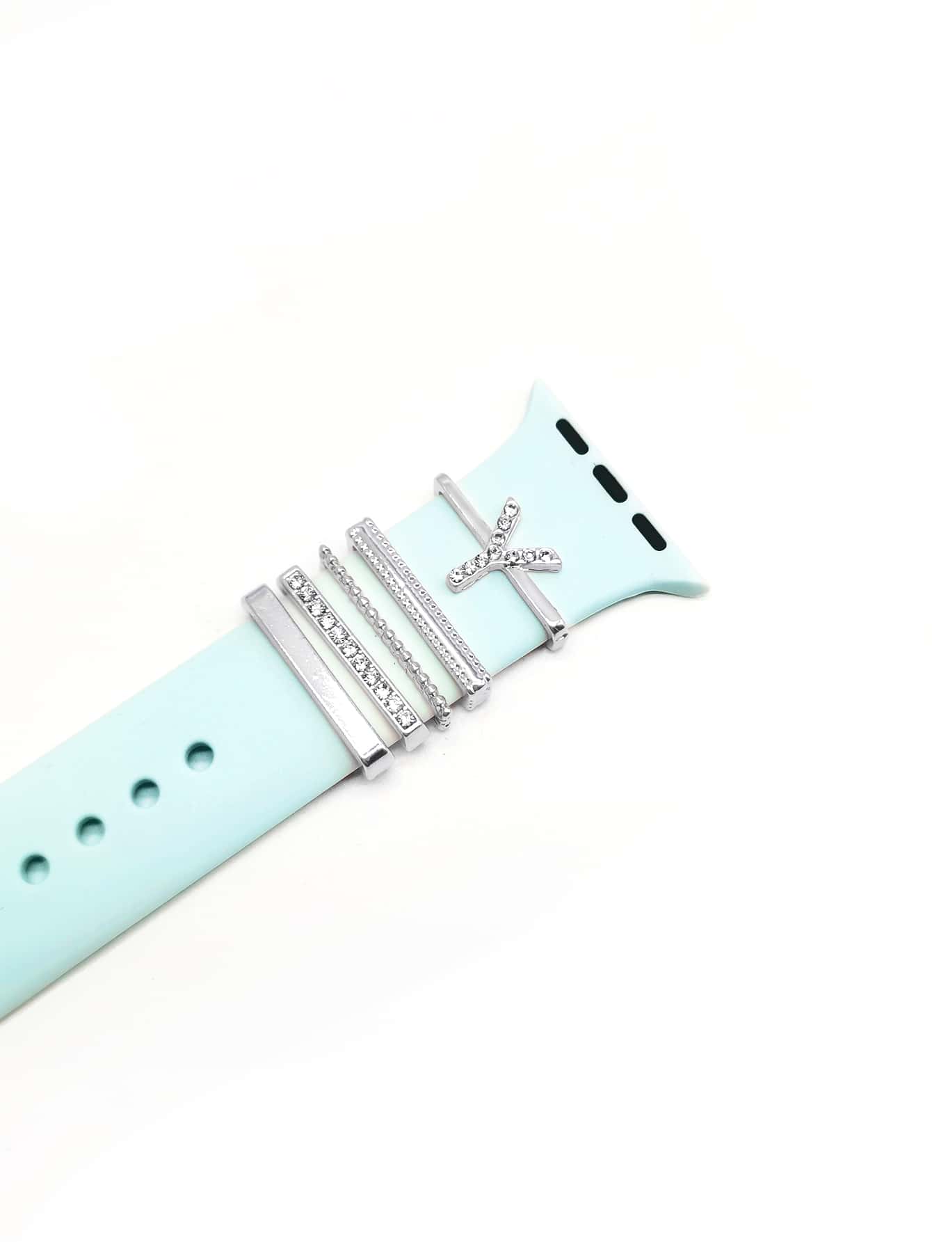 5 piezas Anillo de correa de reloj con diamante de imitación con diseño de letra - Plateado - Ver 1