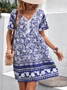 SHEIN VCAY Floral Print Guipure Lace Insert Smock Dress - Blue and White - View 4