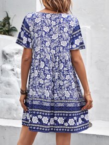 SHEIN VCAY Floral Print Guipure Lace Insert Smock Dress - Blue and White - View 2