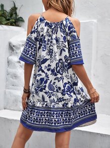 SHEIN VCAY 印花挖肩前繫帶連衣裙 - 藍白色 - 查看 2